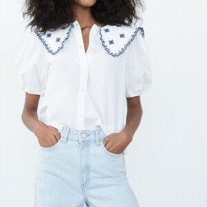 NWOT Zara White Poplin Embroidery Top